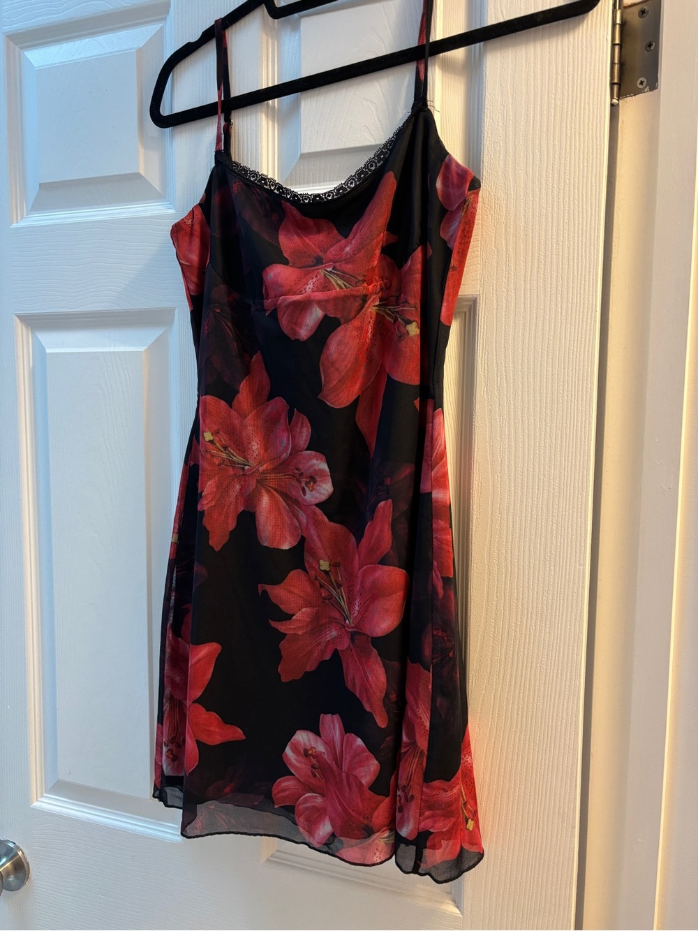 Floral Slip Dress - Black with Red Floral Print